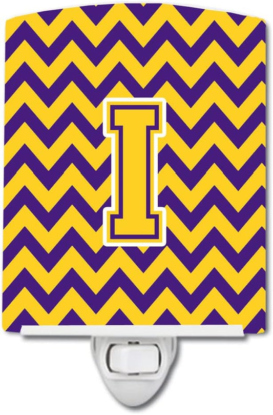 Caroline's Treasures CJ1041-ICNL Letter I Chevron Purple and Gold Ceramic Night Light Compact, UL-Certified, Ideal for Bedroom, Bathroom, Nursery, Hallway, Kitchen, 6x4x3, Multicolor