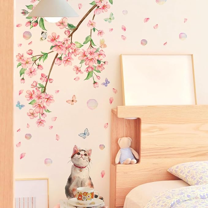 Pink Flower and Cat Wall Stickers - Set of 2, Easy to Apply, Stylish Home Decor