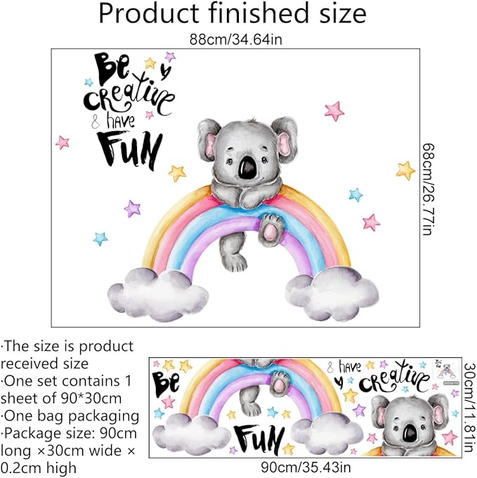 Cartoon Koala on Rainbow Wall Decal - 88cm x 34.64in Finished Size, Inspiring 'Be Creative & Have Fun' Message