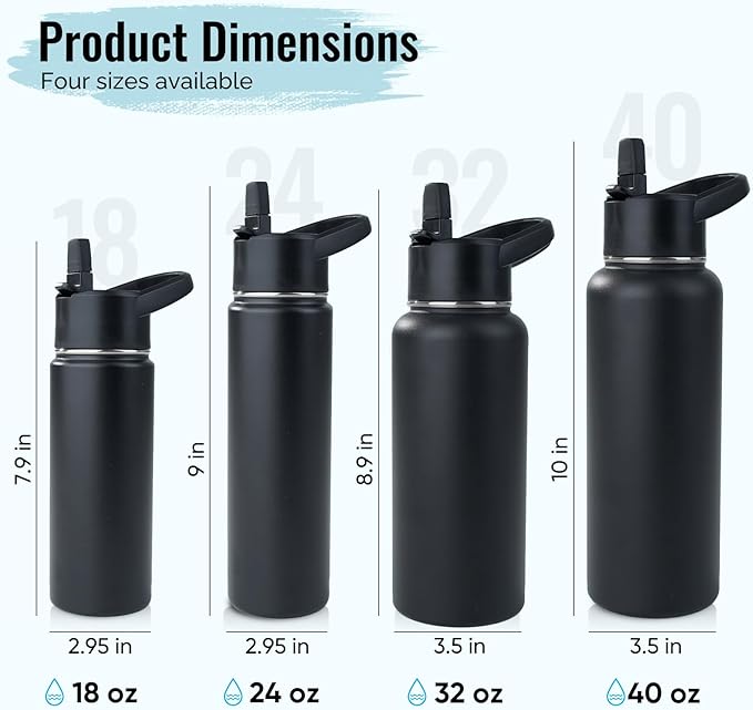 Stainless Steel Water bottle with Straw & Wide Mouth Lid, Wide Rotating Handle, 32oz Double Wall Vacuum Insulated Water Bottle Leak Proof, BPA Free, Keep Cold and Hot, 32oz, Black