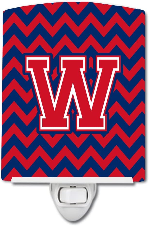 Caroline's Treasures CJ1054-WCNL Letter W Chevron Yale Blue and Crimson Ceramic Night Light Compact, UL-Certified, Ideal for Bedroom, Bathroom, Nursery, Hallway, Kitchen, 6x4x3, Multicolor
