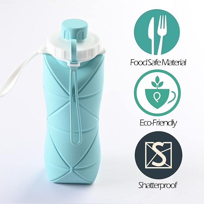 Collapsible Water Bottle, Silicone Foldable Water Bottles For Travel, Easy-To-Carry Design And Compact Size, BPA Free, 20 oz (2-Pack, Blue & Pink)