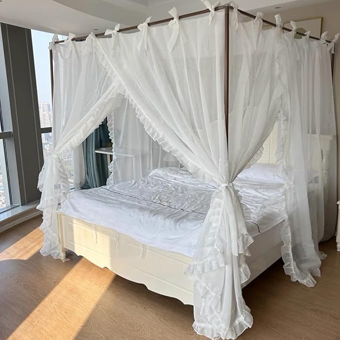Elegant Princess 4 Corner Post Mosquito Net Romantic for Girls Women Bed Curtain Canopy for Adult Wedding Bedroom Kids Rooms Decoration (Type4-White, Full)
