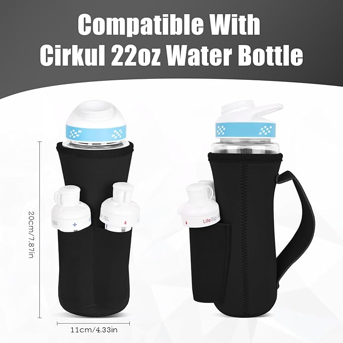 Sleeve for Cirkul Water Bottle with Cartridges Holder and Handle 22oz Water Bottle Holder for Cirkul Plastic and Stainless Steel Bottle Neoprene Sleeve for Cirkul Bottle (2 Pcs Black)