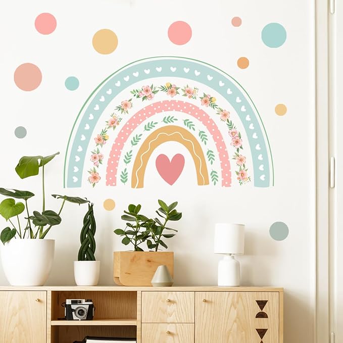Large Boho Rainbow Wall Decals Boho Polka Dot Flower Rainbow Wall Stickers Peel and Stick Nursery Wallpaper Vinyl Decals for Home Farmhouse Girls Bedroom Decoration