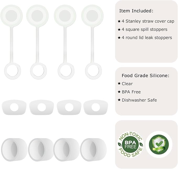 Silicone Spill Stopper Set of 4, Compatible with Cup 2.0 40oz, Tumbler Accessories, Including 4 Straw Cover Cap, 4 Square Spill Stopper and 4 Round Leak Stopper