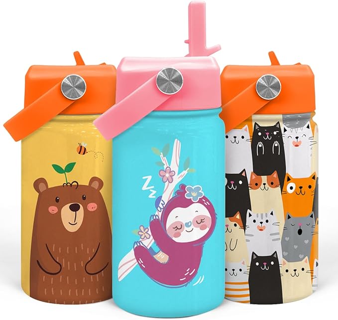 Sloth Water Bottle - Kids Water Bottle with Straw Lid - 12 Oz Insulated Stainless Steel Water Bottles for Toddlers Kid Girls - Travel Cup for School Sports