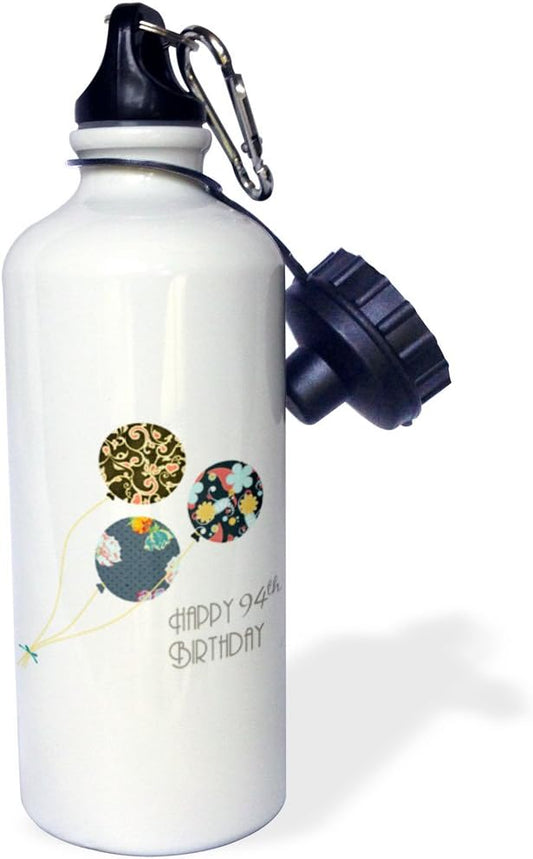 3dRose "Happy 94th Birthday-Modern stylish floral Balloons. Elegant black brown blue 94 year old Bday" Sports Water Bottle, 21 oz, White