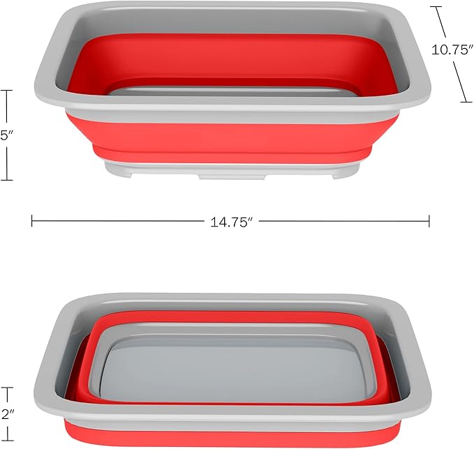 Set of 2 Multipurpose Wash Bins – 10-Liter Basins for Camping, Parties, or Cleaning – Collapsible Bucket Set by Wakeman (Red)