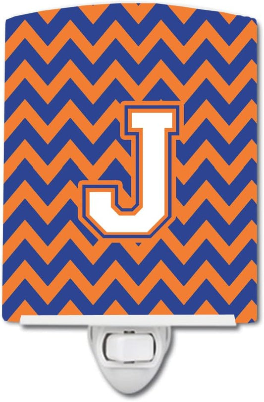 Caroline's Treasures CJ1060-JCNL Letter J Chevron Blue and Orange #3 Ceramic Night Light Compact, UL-Certified, Ideal for Bedroom, Bathroom, Nursery, Hallway, Kitchen, 6x4x3, Multicolor