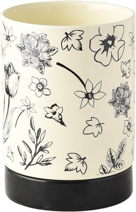 Small Utensil Holder for Kitchen Counter H5.9 x W4.1”, Ceramic Floral Cooking Utensil Crocks Countertop Organizer with Flowers