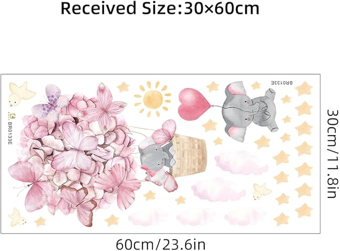 Pink Butterfly Hot Air Balloon Elephant Wall Decor for Baby Girl Room Star Cloud Nursery Wall Decal Stickers