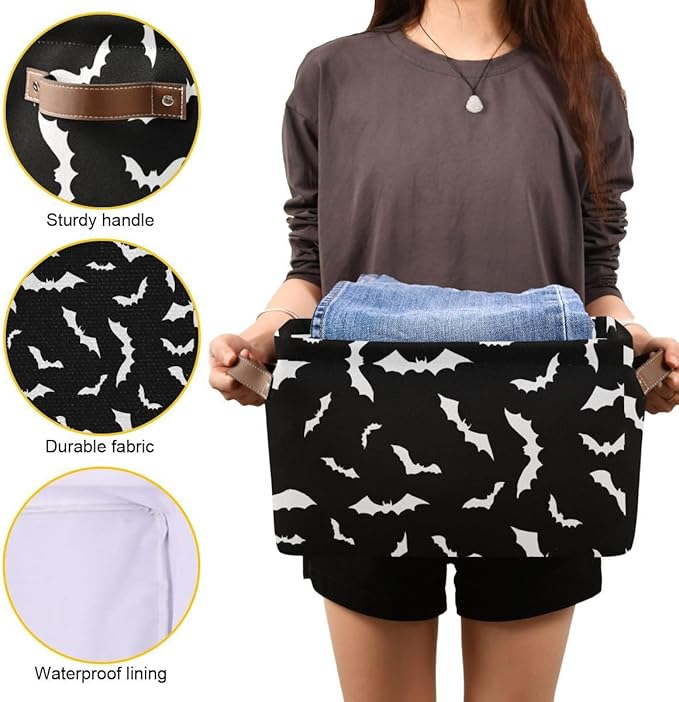 Halloween Black Bat Storage Basket Fabric Kitchen Baskets Spooky Happy Halloween Open Home Storage Bins Boxes Foldable Organizer Bag for Baby Cloth Pet Toy Book Shelf Closet Baskets 16×12×8 Inches