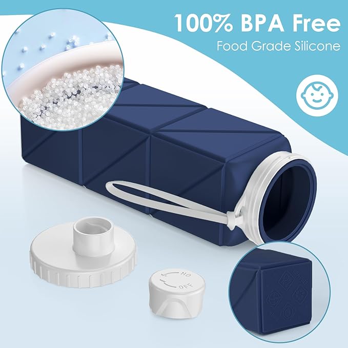 Collapsible Water Bottles 20.7oz Leakproof with Straw Lid Food-Grade BPA-Free Silicone Travel Foldable Water Bottles for Sports Office Gym Hiking Driving 610ML (Pink+Nave Blue+Green+Grey)