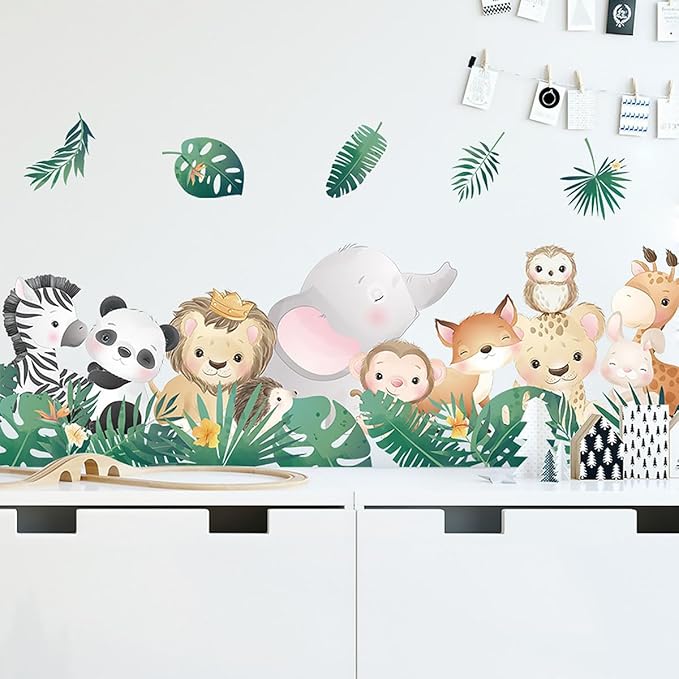 Cartoon Jungle Animals Wall Stickers Nordic Plants Zebra Panda Lion Elephant Monkey Wall Decals for Boy Kids Nursery Living Room Bedroom Children's Room Art Decorations