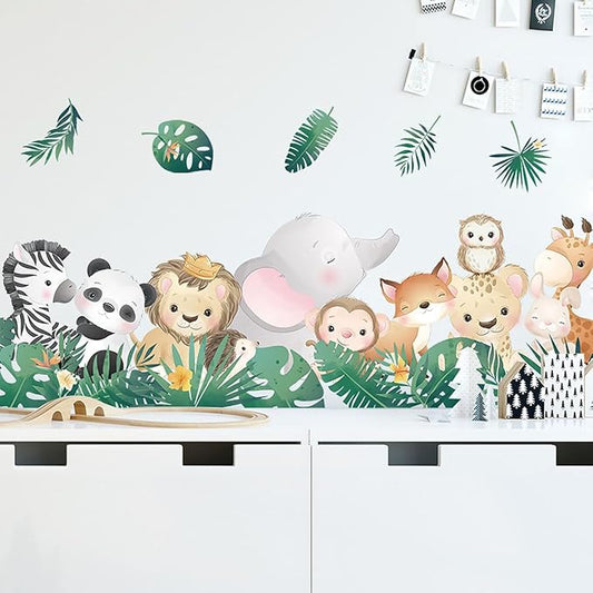 Cartoon Jungle Animals Wall Stickers Nordic Plants Zebra Panda Lion Elephant Monkey Wall Decals for Boy Kids Nursery Living Room Bedroom Children's Room Art Decorations