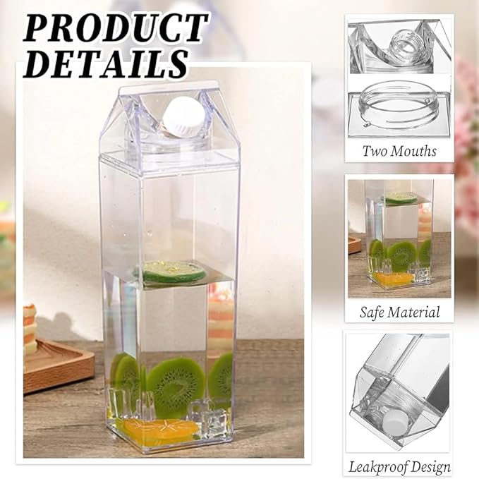 Milk Carton Water Bottles 34oz/1000ml Leak Proof Plastic Water Bottle Reusable BPA Free Sports Water Bottle Carton Shaped Juice Milk Bottle for Gym Camping Hiking Travel Sports, Dishwasher Safe