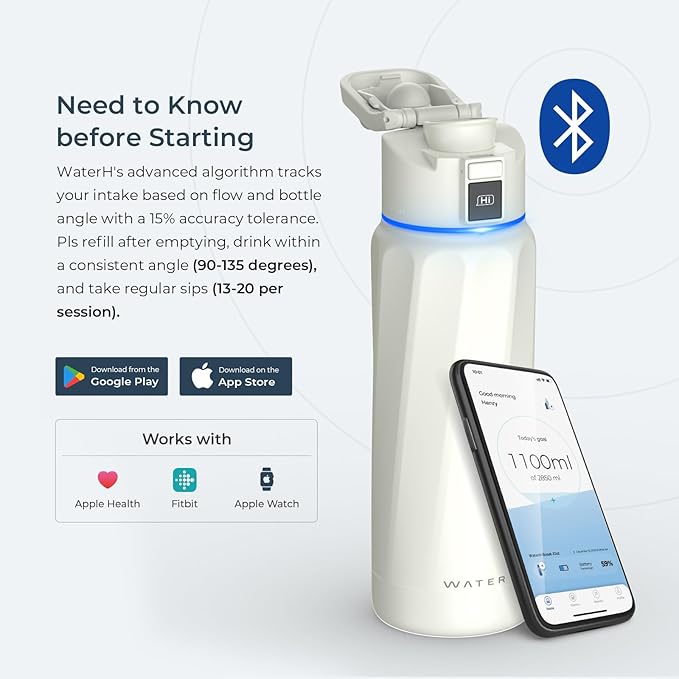 Smart Water Bottle with Reminder to Drink Water - Double Wall Vacuum Insulated Water Bottle Stainless Steel, Wide Mouth 32 oz Water Bottles with Leak-proof Lockable Lid, Water Intake Tracker - White