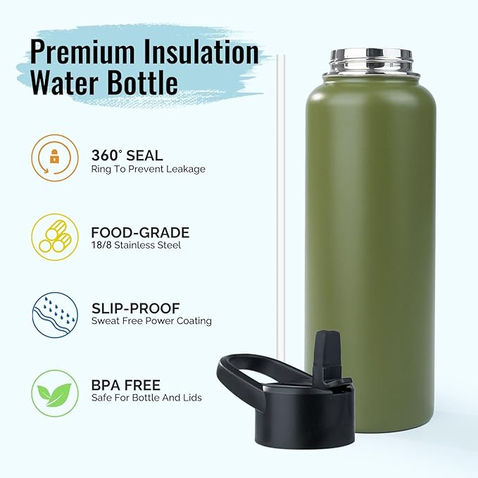 Stainless Steel Water bottle with Straw & Wide Mouth Lid, Wide Rotating Handle, 40oz Double Wall Vacuum Insulated Water Bottle Leak Proof, BPA Free, Keep Cold and Hot, 40oz, Army Green