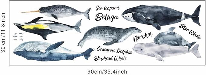 Removable Vinyl Whale Wall Decal Sea Life Wall Sticker Decor Nursery Kidsroom School Classroom Livingroom Bedroom Bathroom Coastal Ocean Fish Murals Decals
