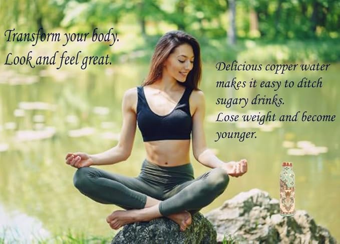 Pure Copper Water Bottle Handcrafted - Ayurveda health benefits - Large 35 oz - Leak proof, Easy to carry for Sports, Fitness, Yoga, School- Exemplary Royal Floral Patterns Sky Blue Enamel