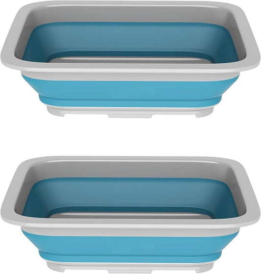 Set of 2 Multipurpose Wash Bins – 10-Liter Basins for Camping, Parties, or Cleaning – Collapsible Bucket Set by Wakeman (Blue)