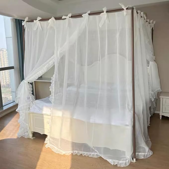 Elegant Princess 4 Corner Post Mosquito Net Romantic for Girls Women Bed Curtain Canopy for Adult Wedding Bedroom Kids Rooms Decoration (Type4-White, Queen)