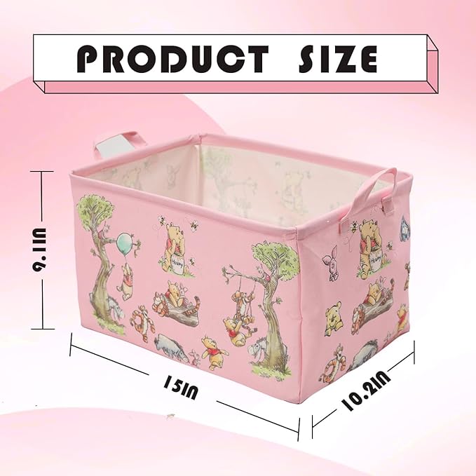 Winnie Storage Nursery Basket, Large Square Canvas Laundry Hamper With A Waterproof PE Coating, Foldable,Bathroom and Bedroom Set, Clothes ,Toys Bin, baby Nursery Hamper Decor(Pink)