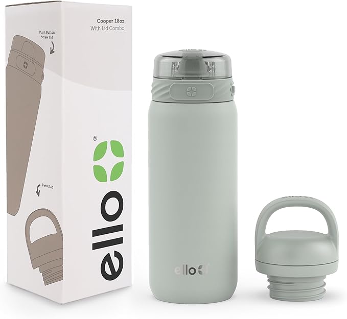 Ello Cooper 18oz Kids Stainless Steel Water Bottle with 2 Lids Chug and Straw | Leak Proof Double Walled and Vacuum Insulated | Fits Car Cupholder | Built in Carry Loop | Dishwasher Safe | Sage
