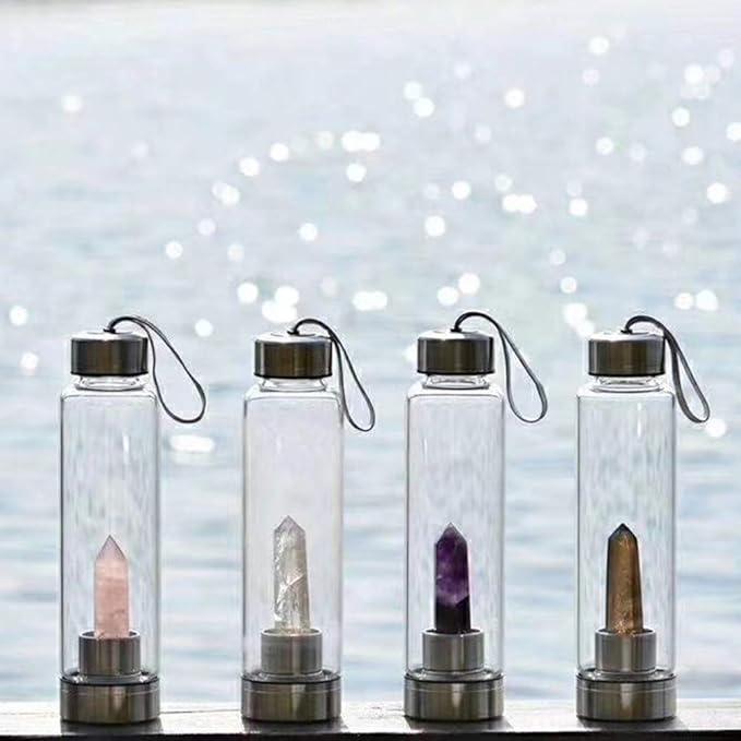 Crystal Glass Water Bottle, Glass Water Bottle with Changeable Natural Crystal Center, Quartz Gemstone Water Bottle for Natural