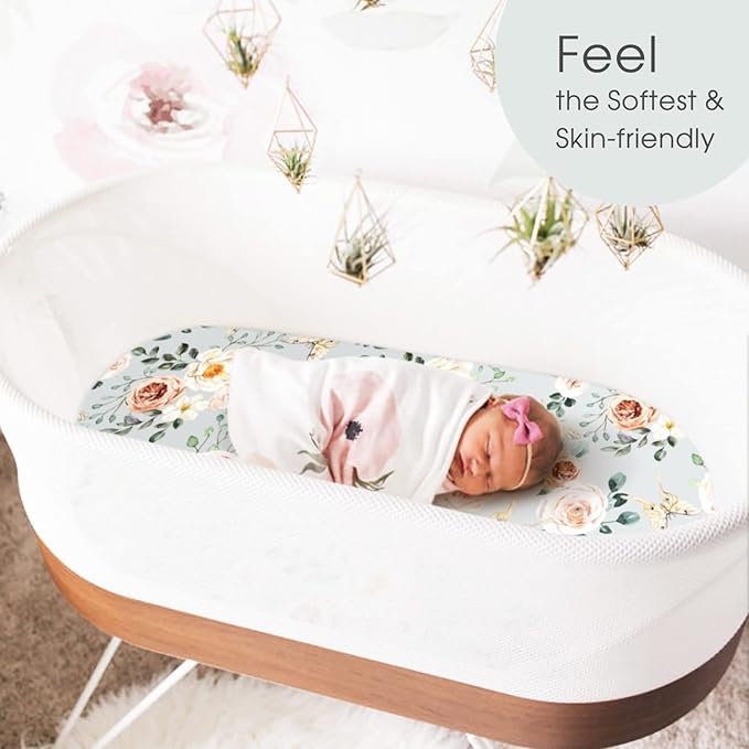 GRSSDER Stretchy Ultra Soft Fitted Bassinet Sheet Set 2 Pack for Girls Universal Fit for Baby Cradle Moses Basket Oval Rectangle Mattress, Watercolor Flowers and Fruits