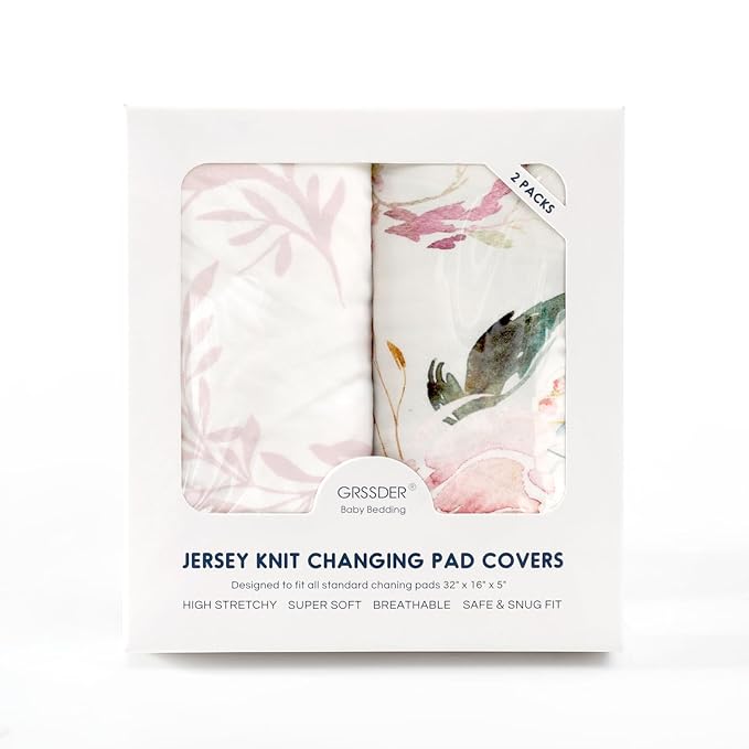 Stretch Ultra Soft Jersey Knit Changing Pad Cover Set 2 Pack, Change Table Pad Covers Fit 32"/34" x 16" Pads Safe and Snug, Pretty Flowers and Insects Pattern for Baby Girls