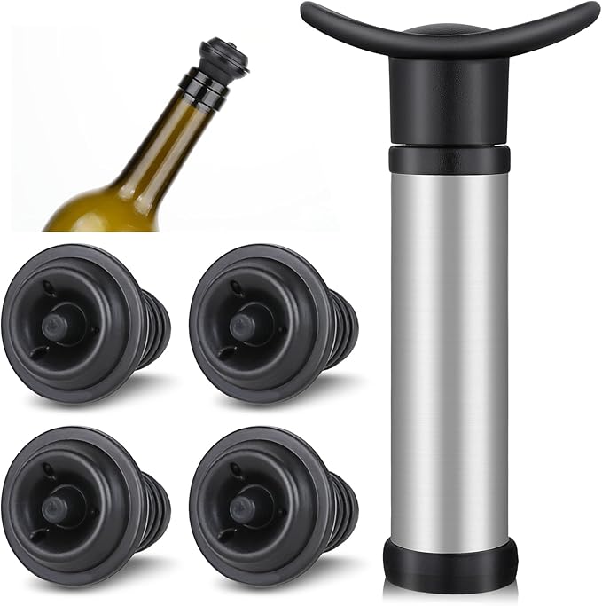 Wine Vacuum Pump and Stopper for All Standard Wine Bottles, Wine Savers Vacuum Pump Wine Preservation System with 4 Wine Pump Vacuum Stoppers for Wine Lovers Keeping Wine Fresh