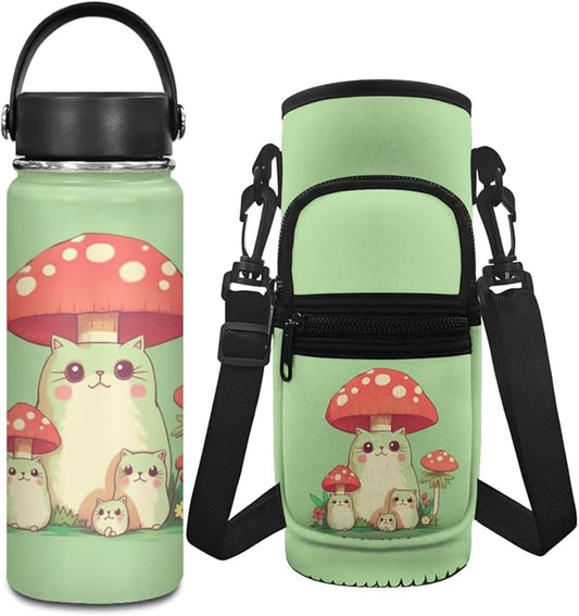 Mushroom Insulated Water Bottle 20 OZ and Water Bottle Carrier Bag Set Stainless Steel Water Bottle for Girls 6-8/4-6 Frog Water Bottle Sleeve