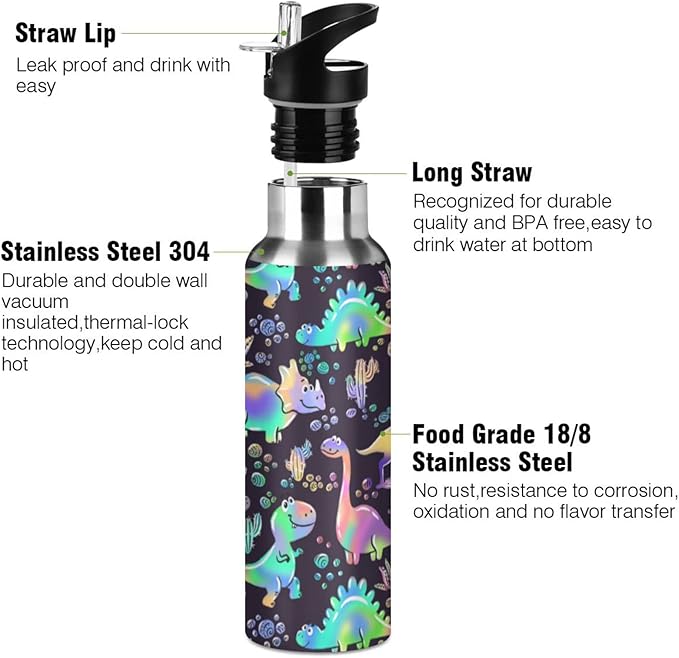 senya 34 Oz Water Bottle with Straw Rainbow Dinosaurs Stainless Steel Water Bottle for Traveling Sports Leakproof Insulated Water Bottle