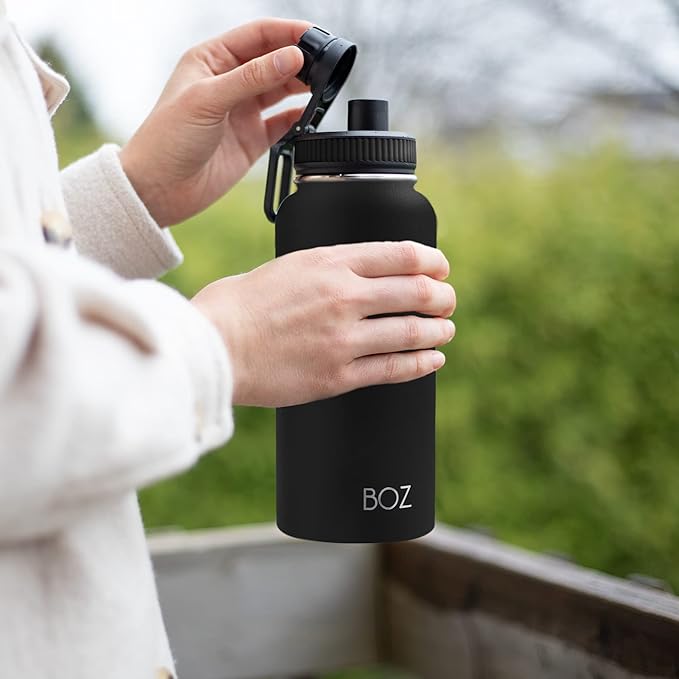 BOZ Stainless Steel Water Bottle XL (1 L / 32oz) Wide Mouth, BPA Free, Vacuum Double Wall Insulated (Matte Black)