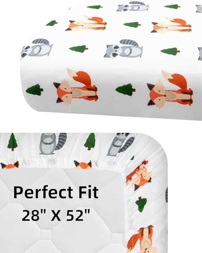 4 Pack Woodland Forest Animals Wood Neutral Unisex Fitted Baby Crib Sheets Set for Baby Boys or Girls Fox