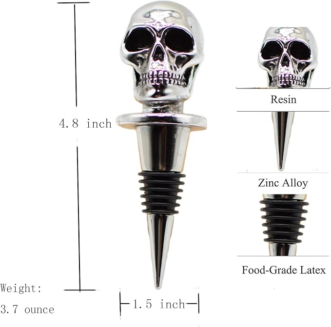 Silver Skull Bottle Wine Stoppers，Perfect Skull Theme Souvenirs Gifts for Men, Women