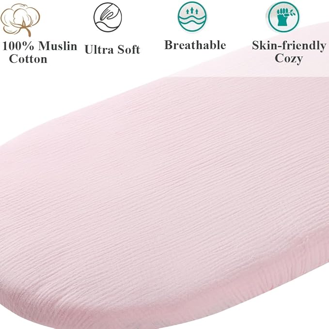Muslin Bassinet Sheet Compatible with UPPAbaby Bassinet, 2 Pack Cotton Stylish Boho Fitted Bassinet Sheets Super Soft for Baby White & Pink