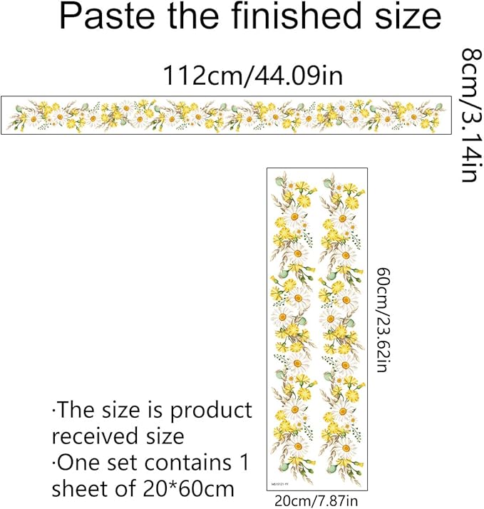 BIBITIME Yellow White Daisy Flower Wasit Skirting Line Sticker Nature Plants Theme Bedroom Wall Decal Kitchen Bathroom Tile Glass Window Decor