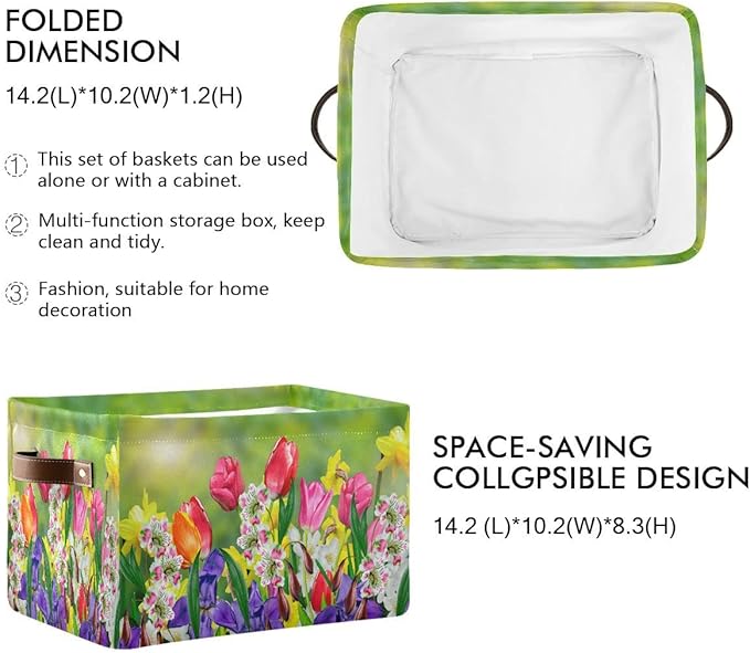 Wamika Spring Tulip Lavender Flowers Storage Basket Fabric Laundry Baskets Green Leaves Herbs Storage Boxes Organizer Bag for Baby Cloth Dog Toy Book Storage Cubes Shelf Closet Bins 16x12x8 Inches