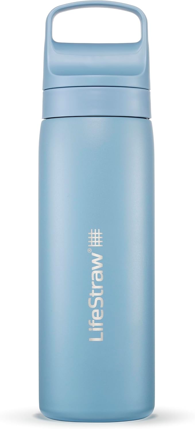 LifeStraw Go Series – Double Wall BPA-Free Vacuum Insulated 18 oz Stainless Steel Water Filter Bottle for travel and everyday use; Icelandic Blue