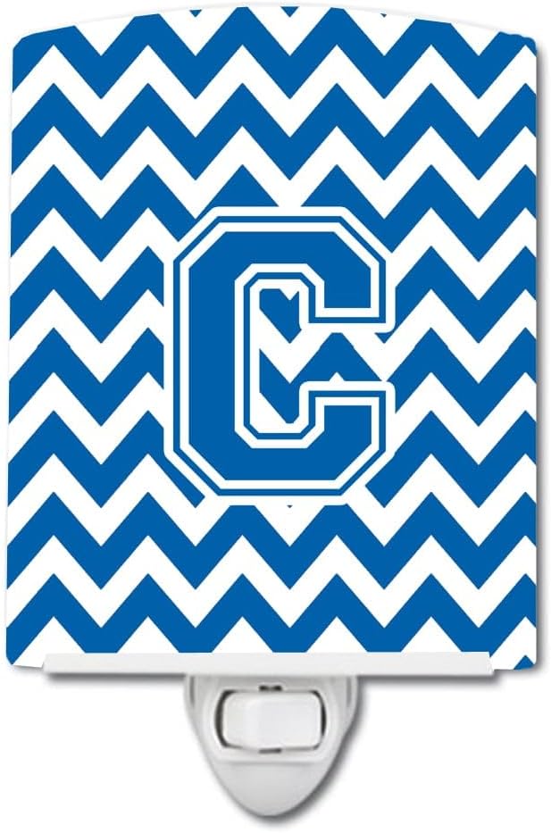 Caroline's Treasures CJ1056-CCNL Letter C Chevron Blue and White Ceramic Night Light Compact, UL-Certified, Ideal for Bedroom, Bathroom, Nursery, Hallway, Kitchen, 6x4x3, Multicolor