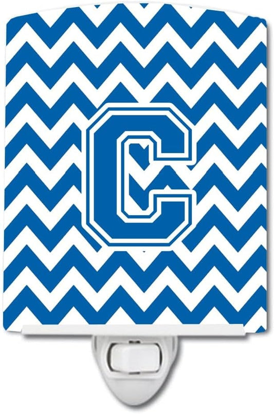Caroline's Treasures CJ1056-CCNL Letter C Chevron Blue and White Ceramic Night Light Compact, UL-Certified, Ideal for Bedroom, Bathroom, Nursery, Hallway, Kitchen, 6x4x3, Multicolor