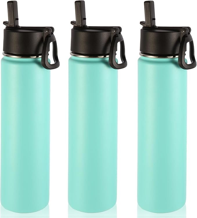 Volhoply 24oz Insulated Water Bottle With Straw Bulk 3 Pack,Metal Wide Mouth Water Bottles With Handle Lid Keep Cold,Reusable Double Wall Thermos,Powder Coated Sport Bottle For Holder(Mint,3 Count)