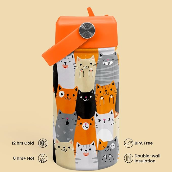 Cat Water Bottle - Kids Water Bottle with Straw Lid - 12 Oz Insulated Stainless Steel Water Bottles for Toddlers Kid Boys Girl - Travel Cup for School Sports