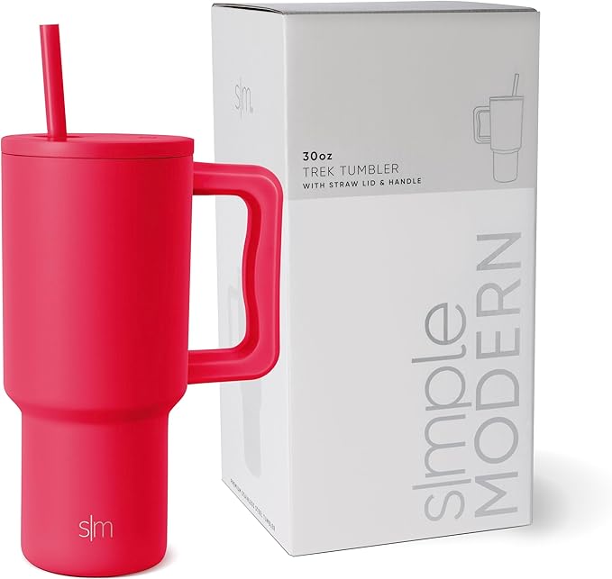 Simple Modern 30 oz Tumbler with Handle and Straw Lid | Insulated Cup Reusable Stainless Steel Water Bottle Travel Mug Cupholder Friendly | Gifts for Women Men Him Her | Trek Collection | Ember Red