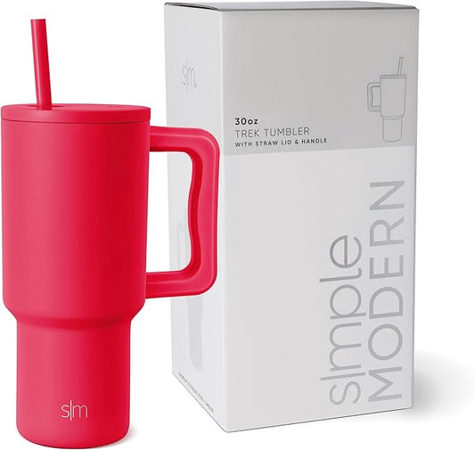 Simple Modern 30 oz Tumbler with Handle and Straw Lid | Insulated Cup Reusable Stainless Steel Water Bottle Travel Mug Cupholder Friendly | Gifts for Women Men Him Her | Trek Collection | Ember Red