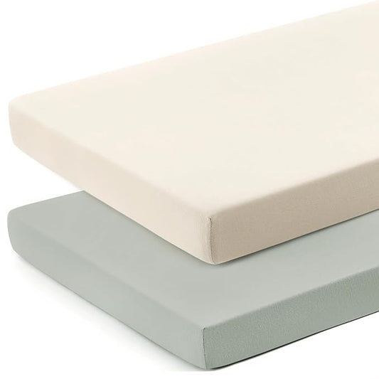 GRSSDER Mini Crib Sheets Fitted, Pack and Play Sheets 2 Pack, Ultra Soft Stretchy Pack N Play Sheets, Universal Fit for Playard Mattress, Jersey Crib Sheets Neutral for Boys and Girls, Beige/Gray