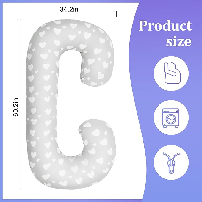 Floral Soft Pregnancy Pillow Cover (ONLY Pillowcase), C Shaped Luxurious Velvet Maternity Pillow Cover with Hidden Zip, Warm Large Pillow Protector for Side Sleeper, Grey, 60x34 in